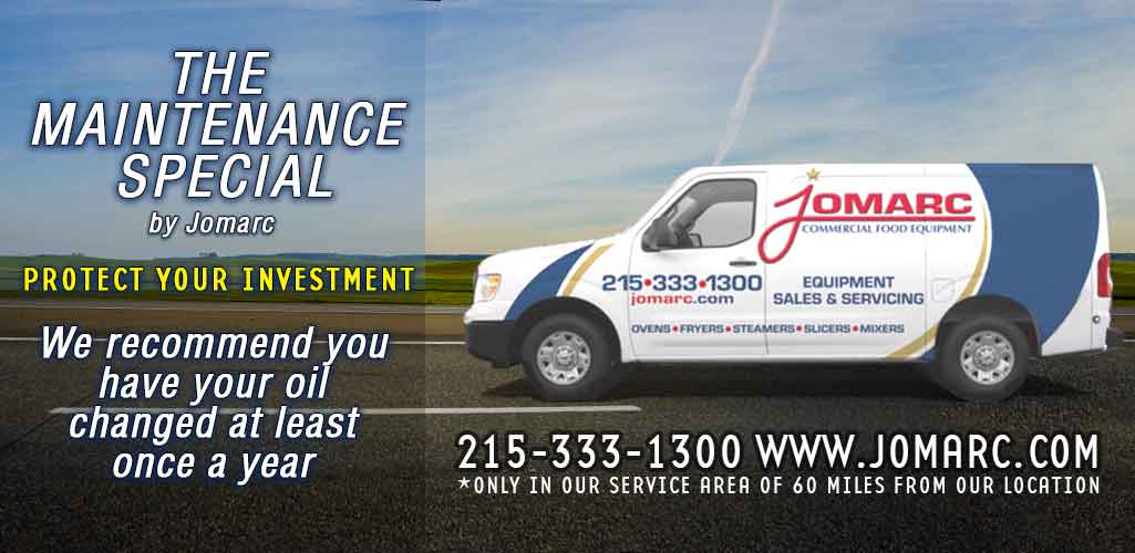 Jomarc's maintenance special is for Hobart mixers 60 quarts or more. Our Service are is a 60 Mile radius but we service all of South Jersey, including Atlantic & Cape May Counties, Atlantic City & all Jersey Shore Points. Click here for more details