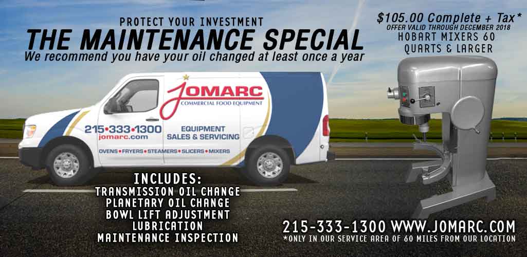 THE MAINTENANCE SPECIAL

Jomarc's maintenance special is for Hobart mixers 60 quarts or more. Click here for more details