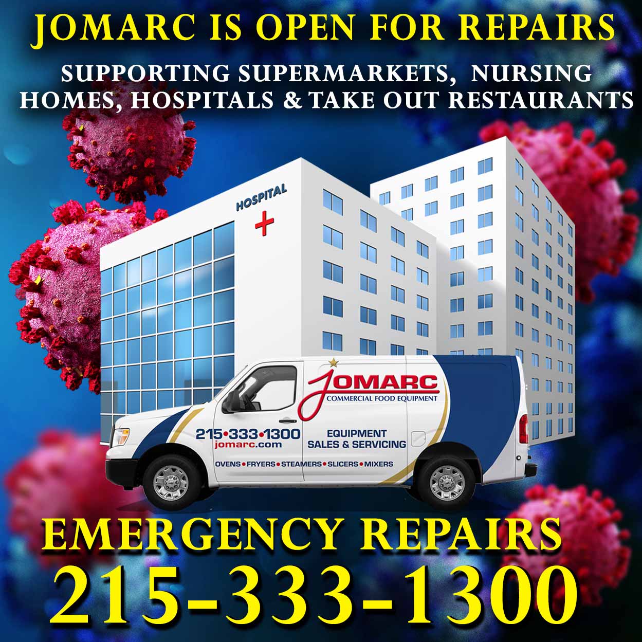 Coronavirus Commercial Food Equipment Repair Philadelphia 

Coronavirus Commercial Food Equipment Repair South Jersey Northern Delaware SUPPORTING Supermarkets, Nursing Homes, Hospitals & Take Out Restaurants 