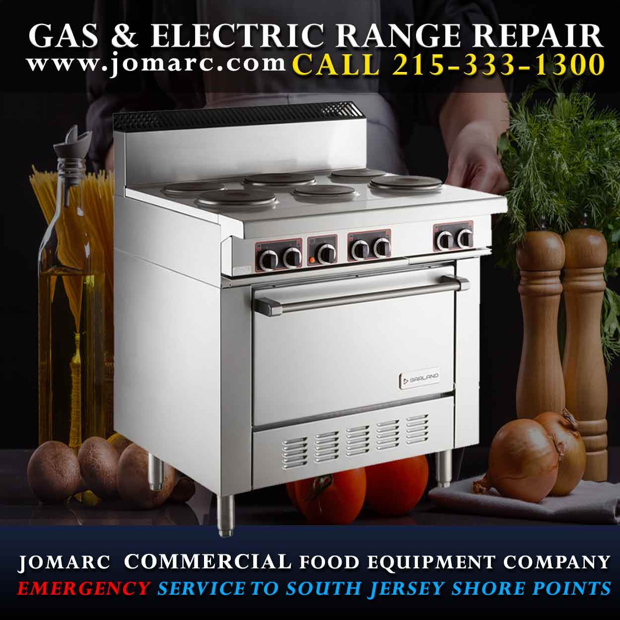 Commercial Range Repair Bucks County Philadelphia Jomarc repairs all types of Standard Duty/Heavy Duty Gas Electric , Countertop Gas Electric  with or without Griddle, Induction Ranges and Cookers, Portable Buffet Drop-In, Stock Pot, Wok, Mongolian BBQ Ranges/ Step-Up Countertop Gas